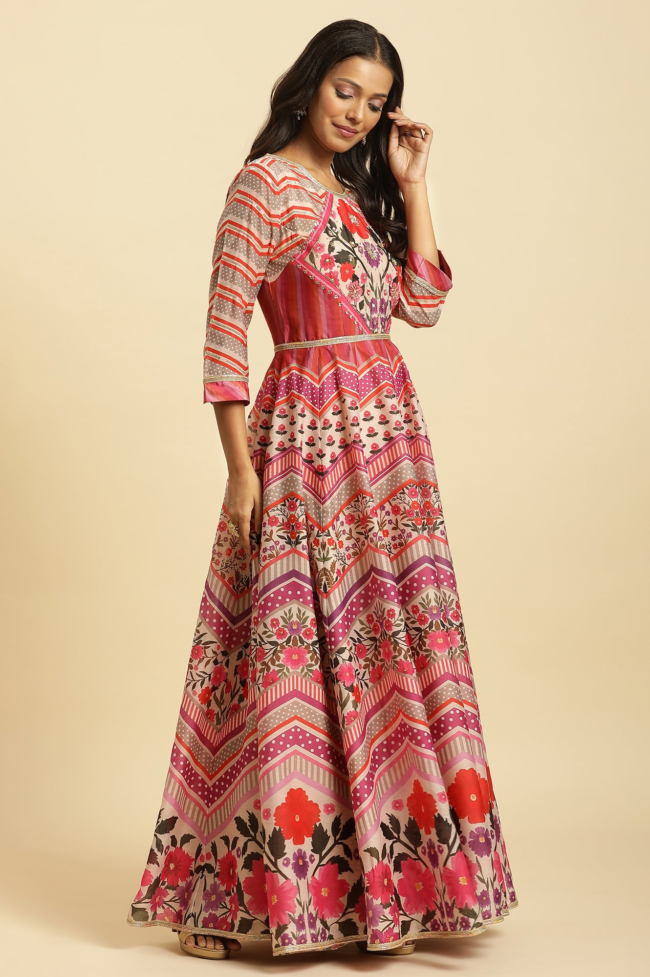 Multi-Coloured Floral Printed Anarkali Dress And Dupatta Set