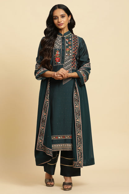 Dark Green Embroidered Festive Kurta, Pant And Dupatta Set