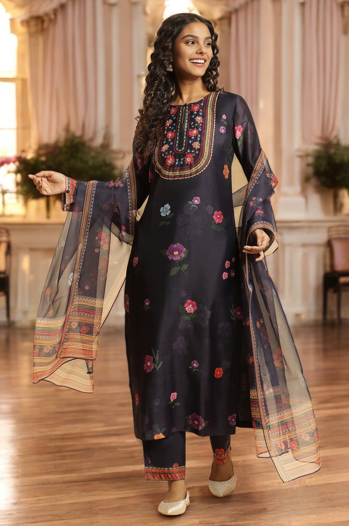 Navy Blue Chanderi Floral Printed Kurta, Pants And Organza Dupatta