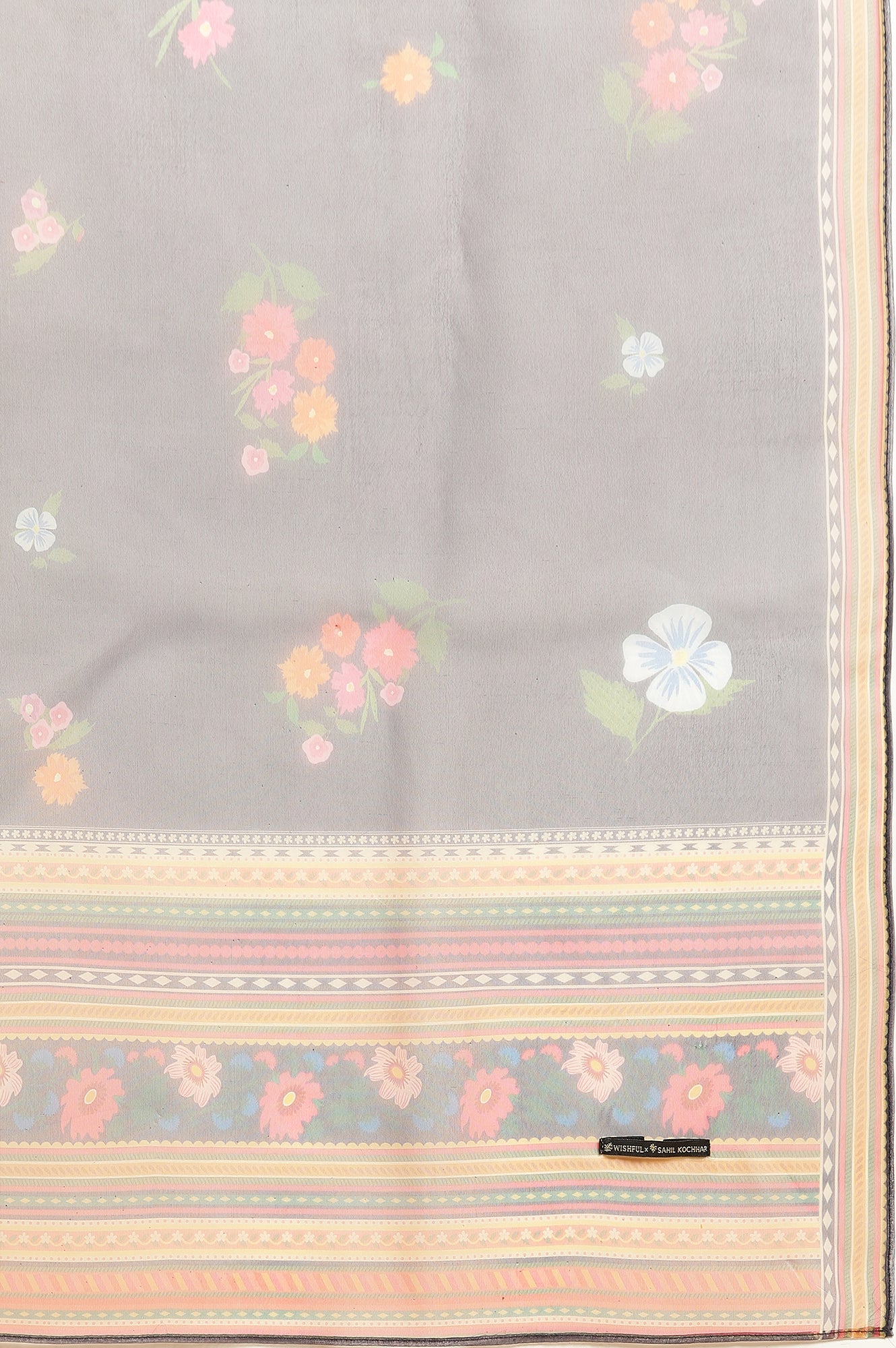 Navy Blue Chanderi Floral Printed Kurta, Pants And Organza Dupatta