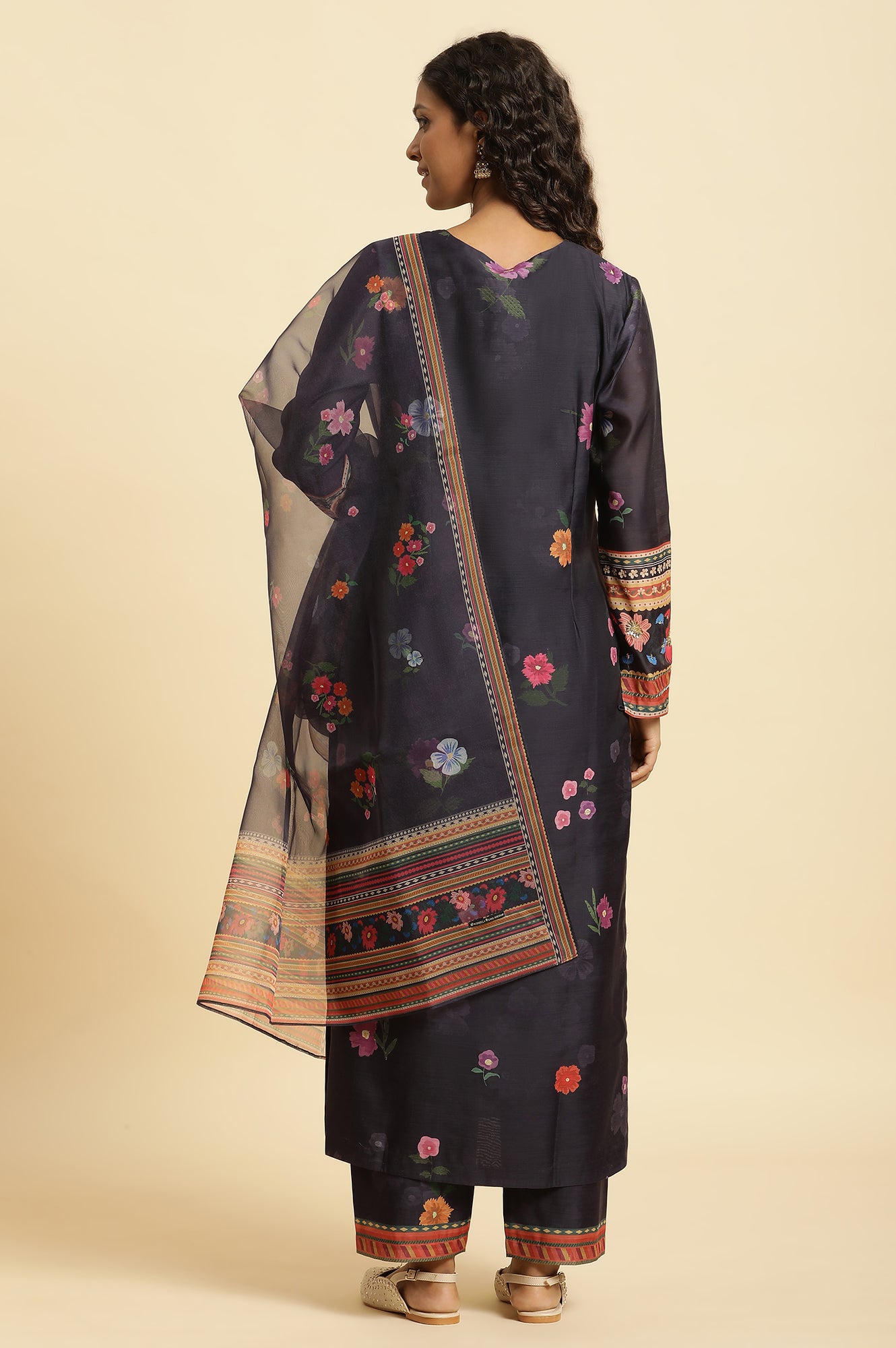 Navy Blue Chanderi Floral Printed Kurta, Pants And Organza Dupatta