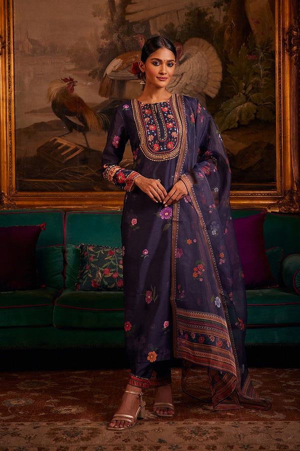 Navy Blue Chanderi Floral Printed Kurta, Pants and Organza Dupatta Set