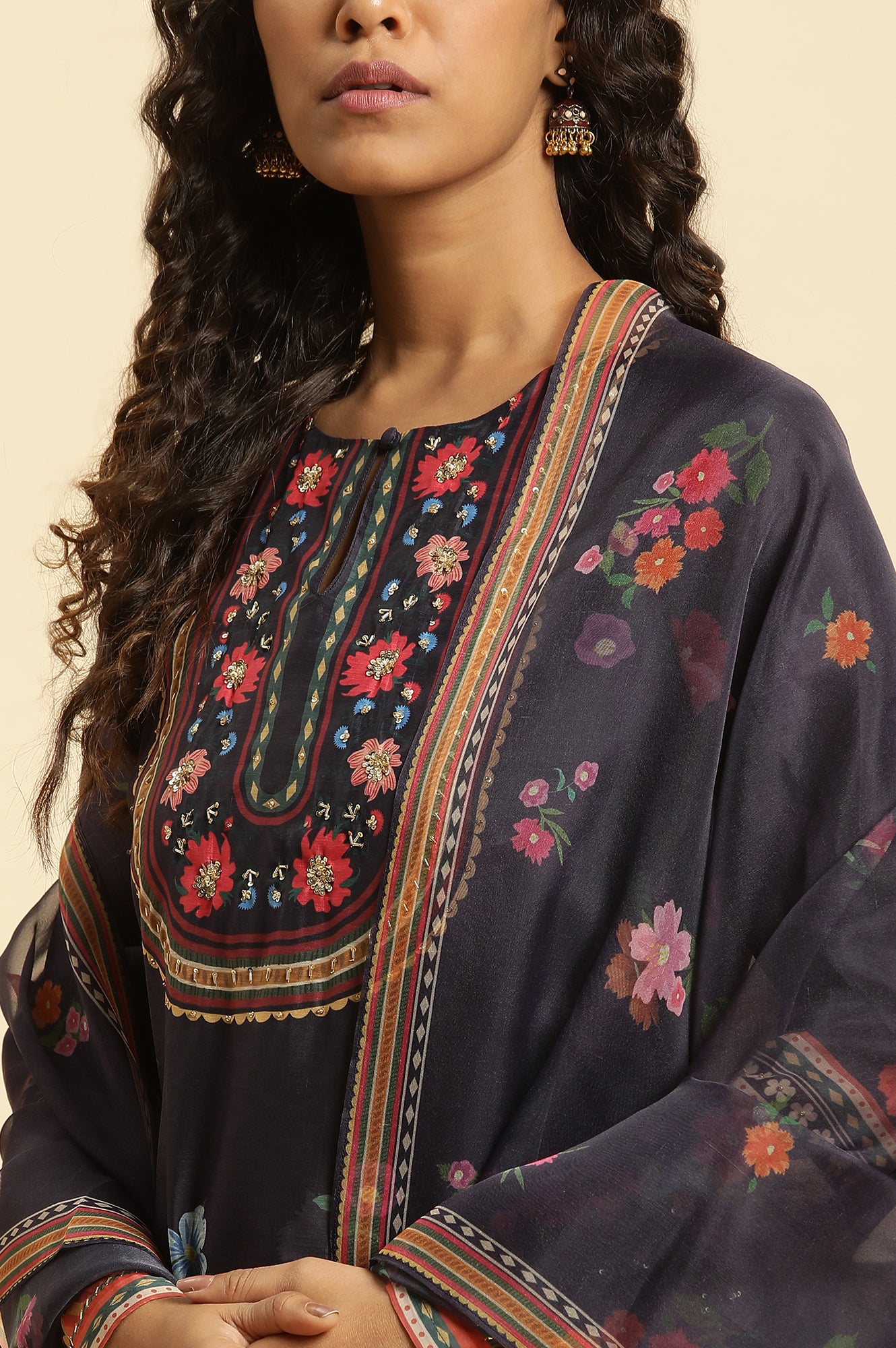 Navy Blue Chanderi Floral Printed Kurta, Pants And Organza Dupatta