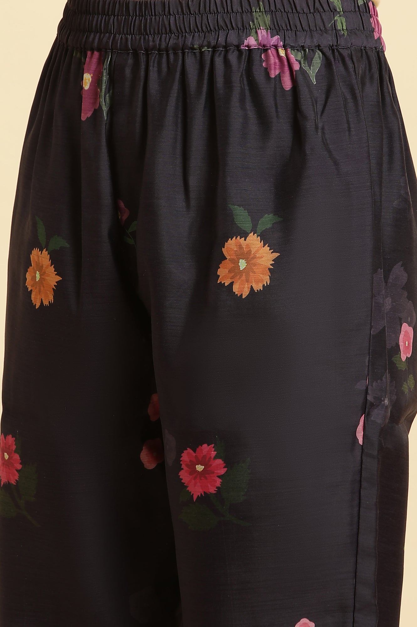 Navy Blue Chanderi Floral Printed Kurta, Pants And Organza Dupatta