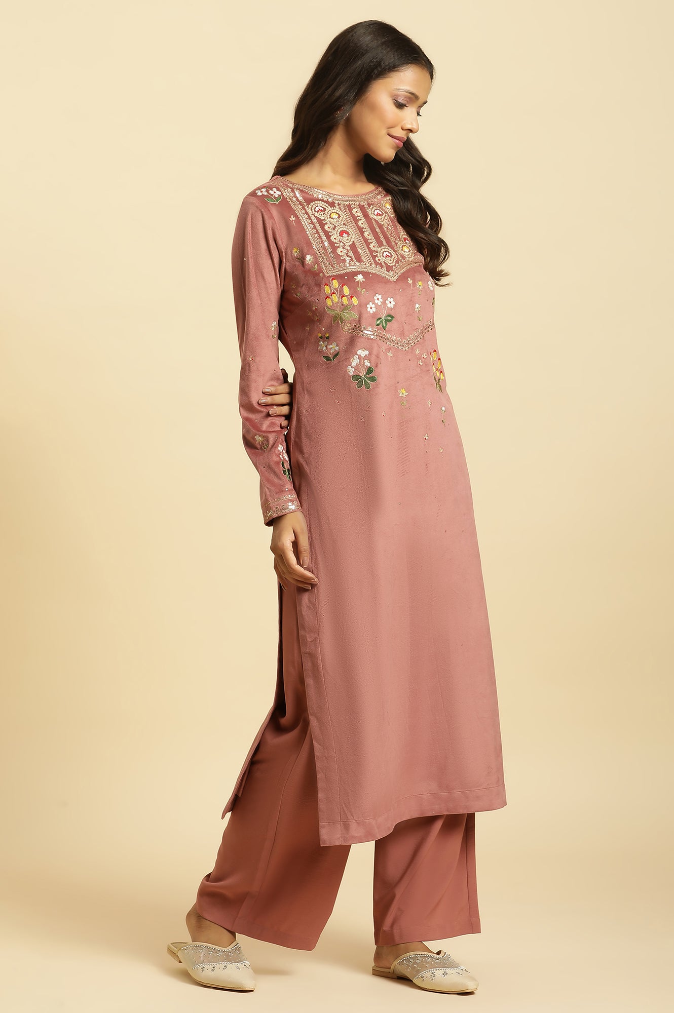 Salmon Pink Micro Velvet Embroidered Kurta, Pants And Dupatta Set