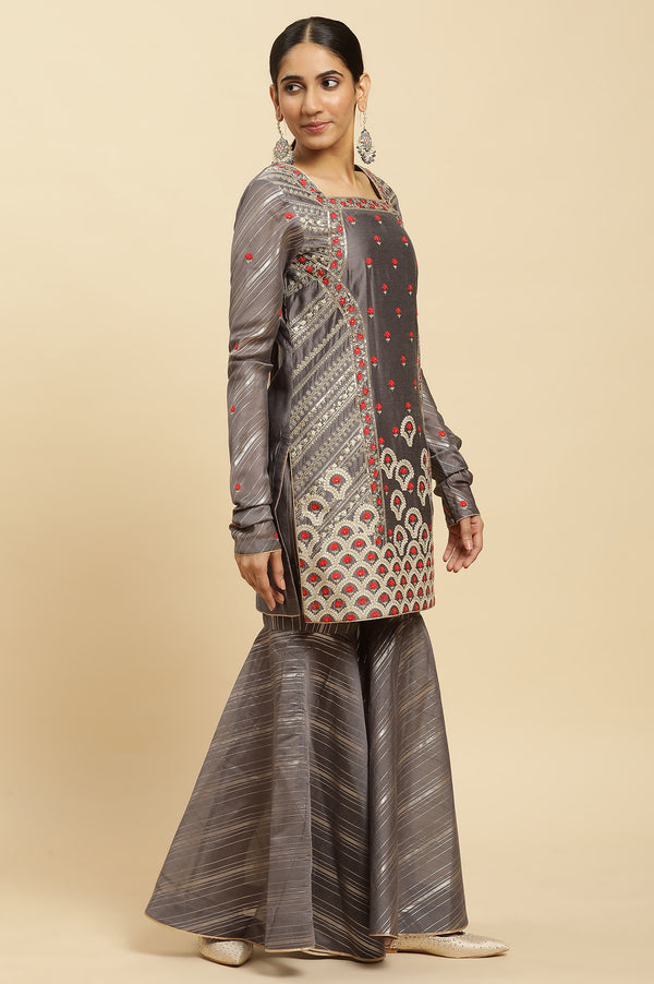 Light Grey Embroidered Heavy Festive Kurta And Sharara And Dupatta Set