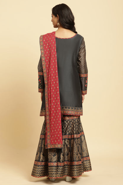 Grey Embroidered Short Kurta, Sharara And Dupatta