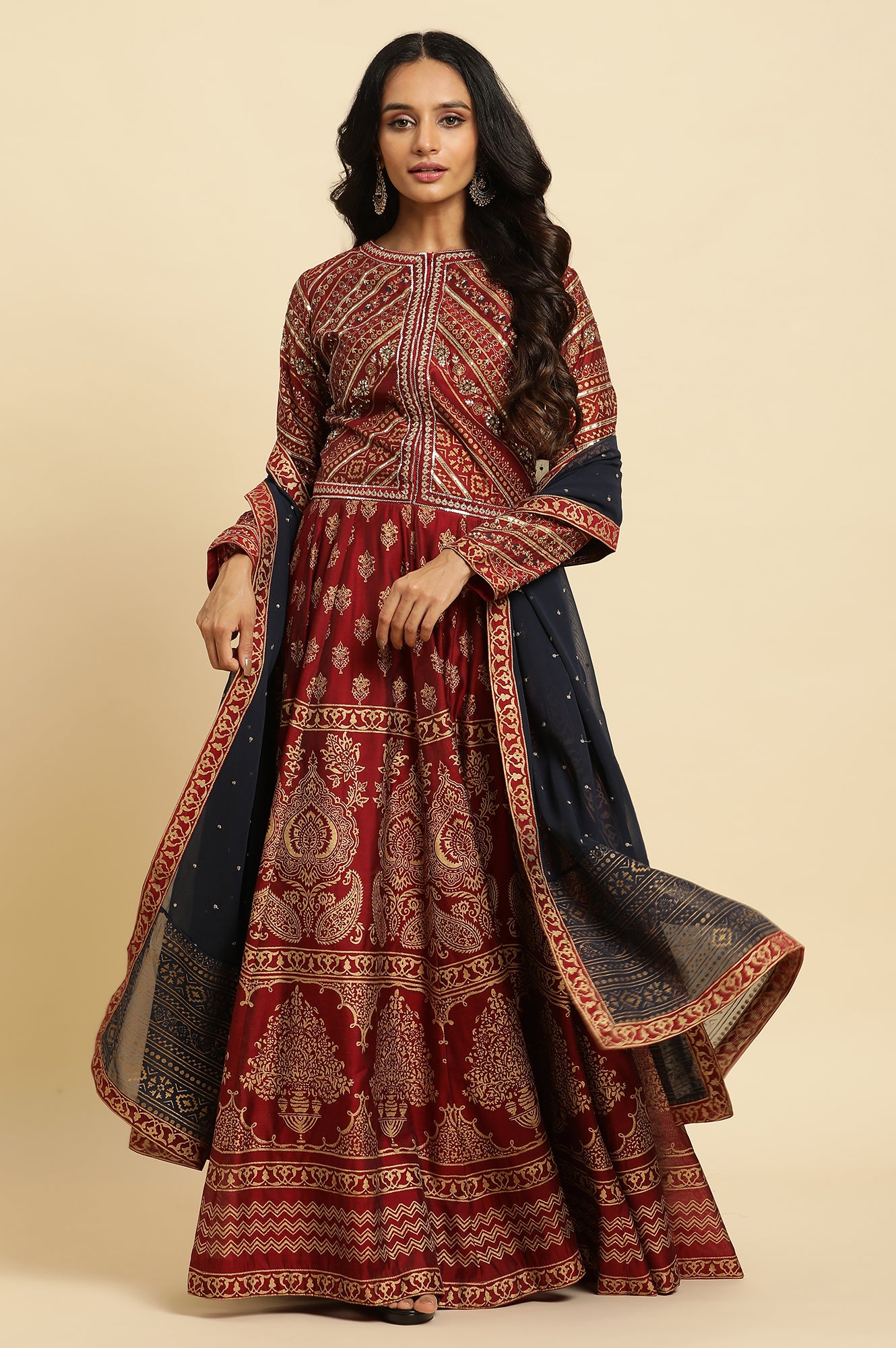 Marron Printed Chanderi Anarkali Dress And Dupatta Set