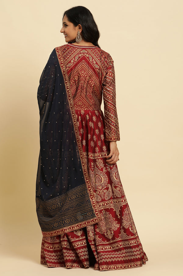 Maroon Printed Chanderi Anarkali Dress and Dupatta Set