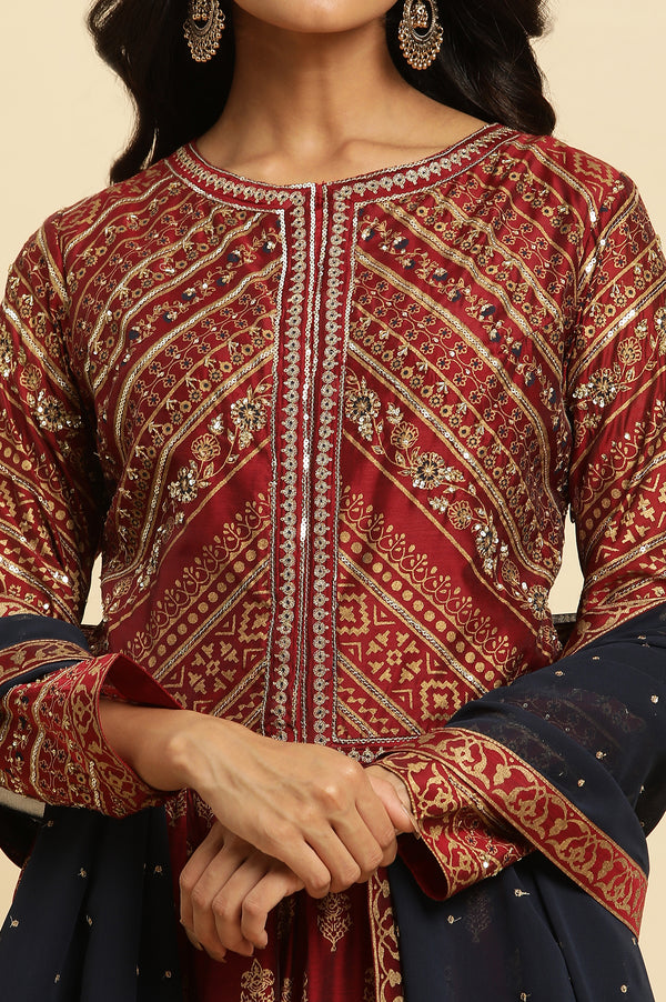 Maroon Printed Chanderi Anarkali Dress and Dupatta Set