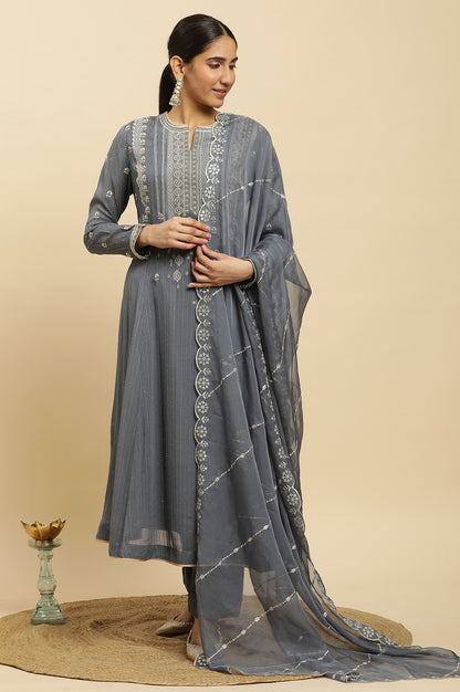 Light Grey Heavy Embroidered Anarkali Kurta, Pants And Dupatta Set