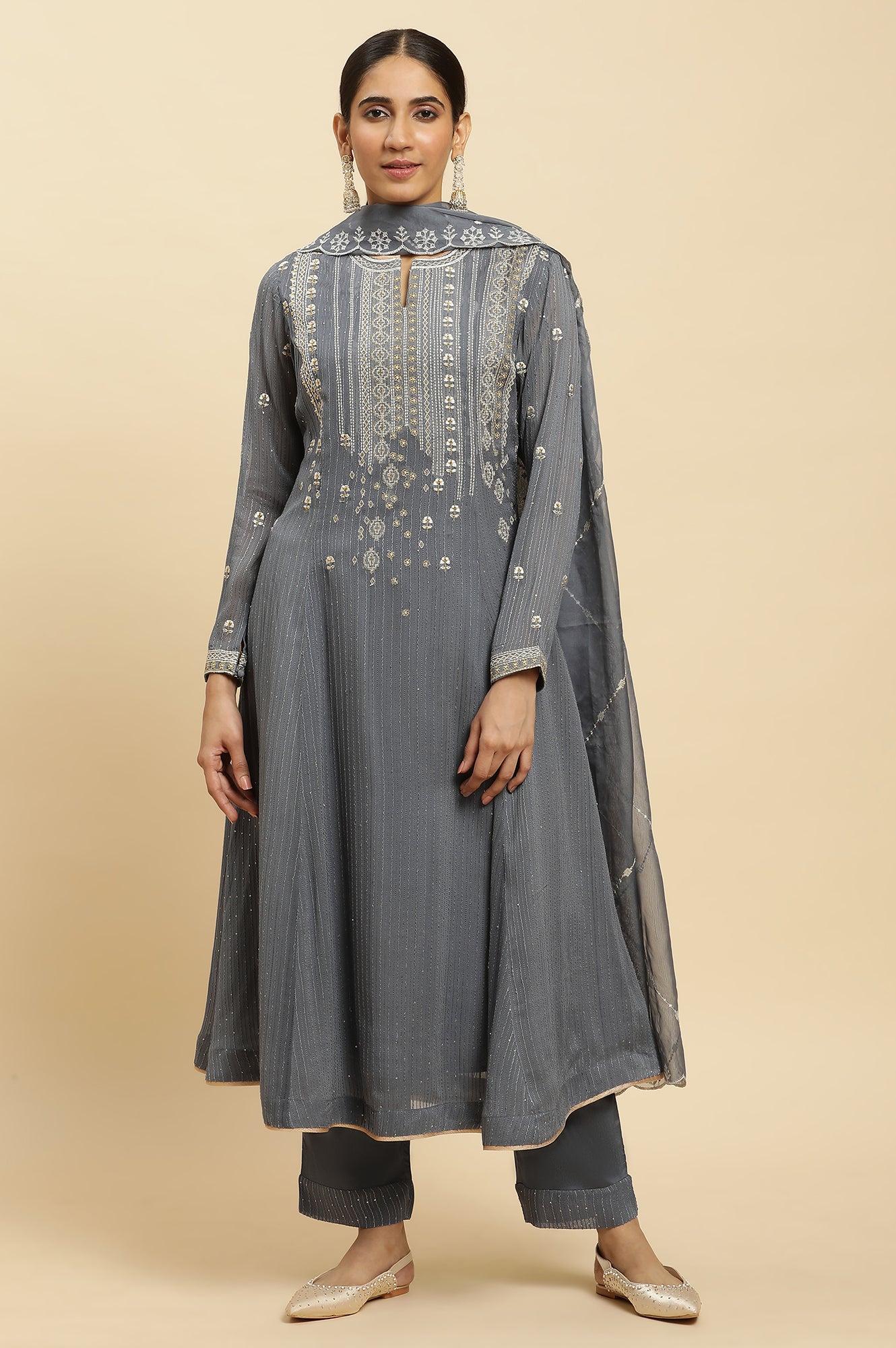 Light Grey Heavy Embroidered Anarkali Kurta, Pants And Dupatta Set