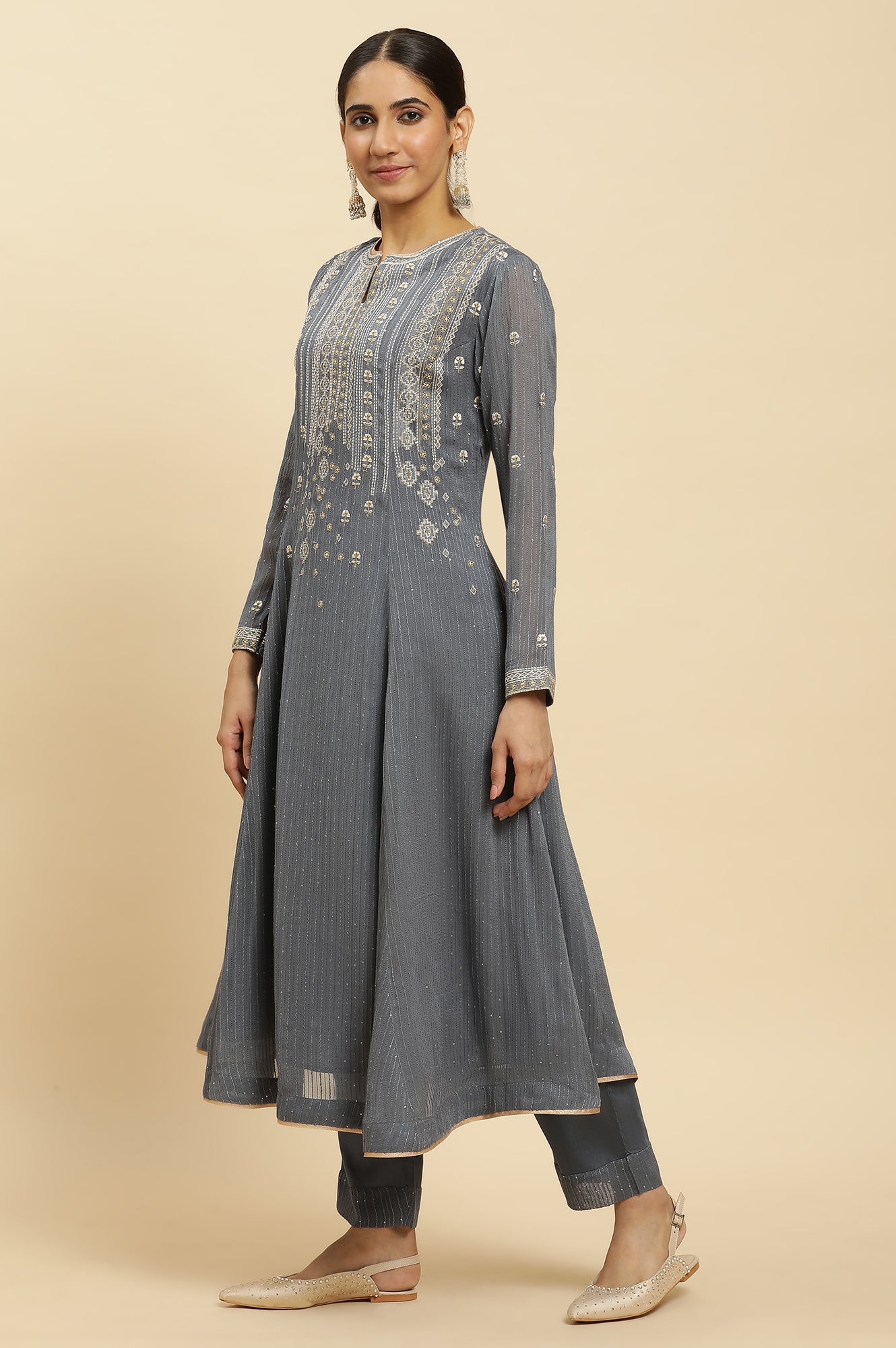 Light Grey Heavy Embroidered Anarkali Kurta, Pants And Dupatta Set