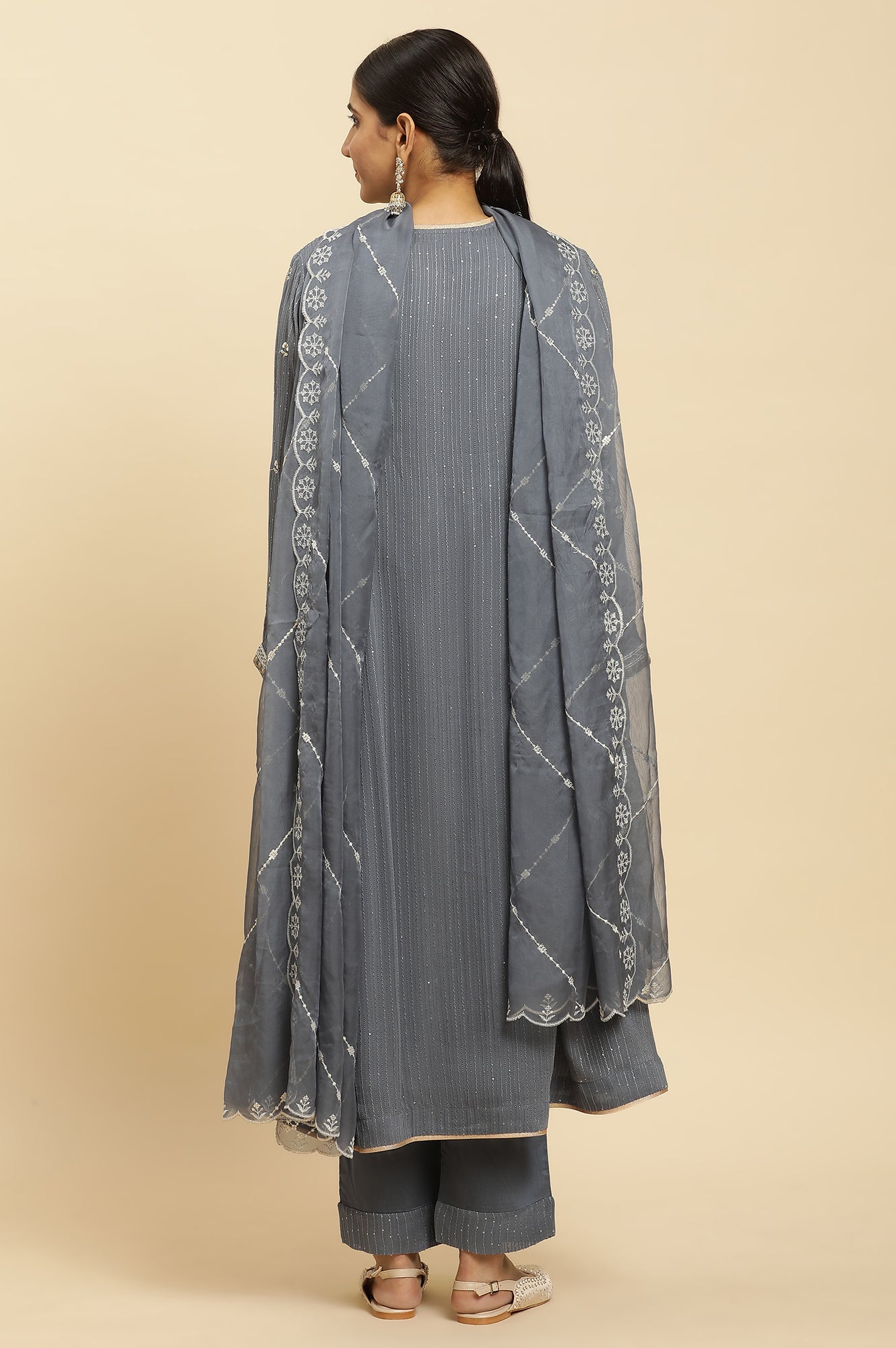 Light Grey Heavy Embroidered Anarkali Kurta, Pants And Dupatta Set