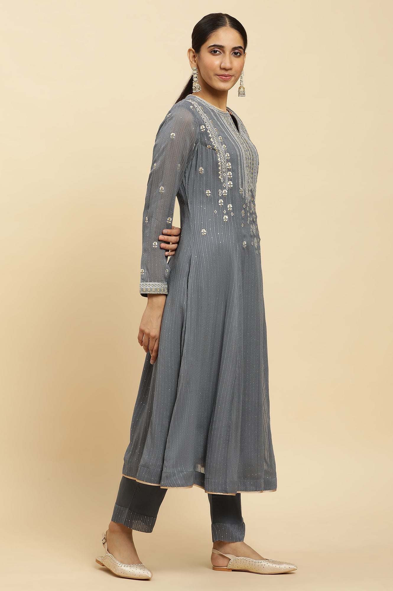 Light Grey Heavy Embroidered Anarkali Kurta, Pants And Dupatta Set