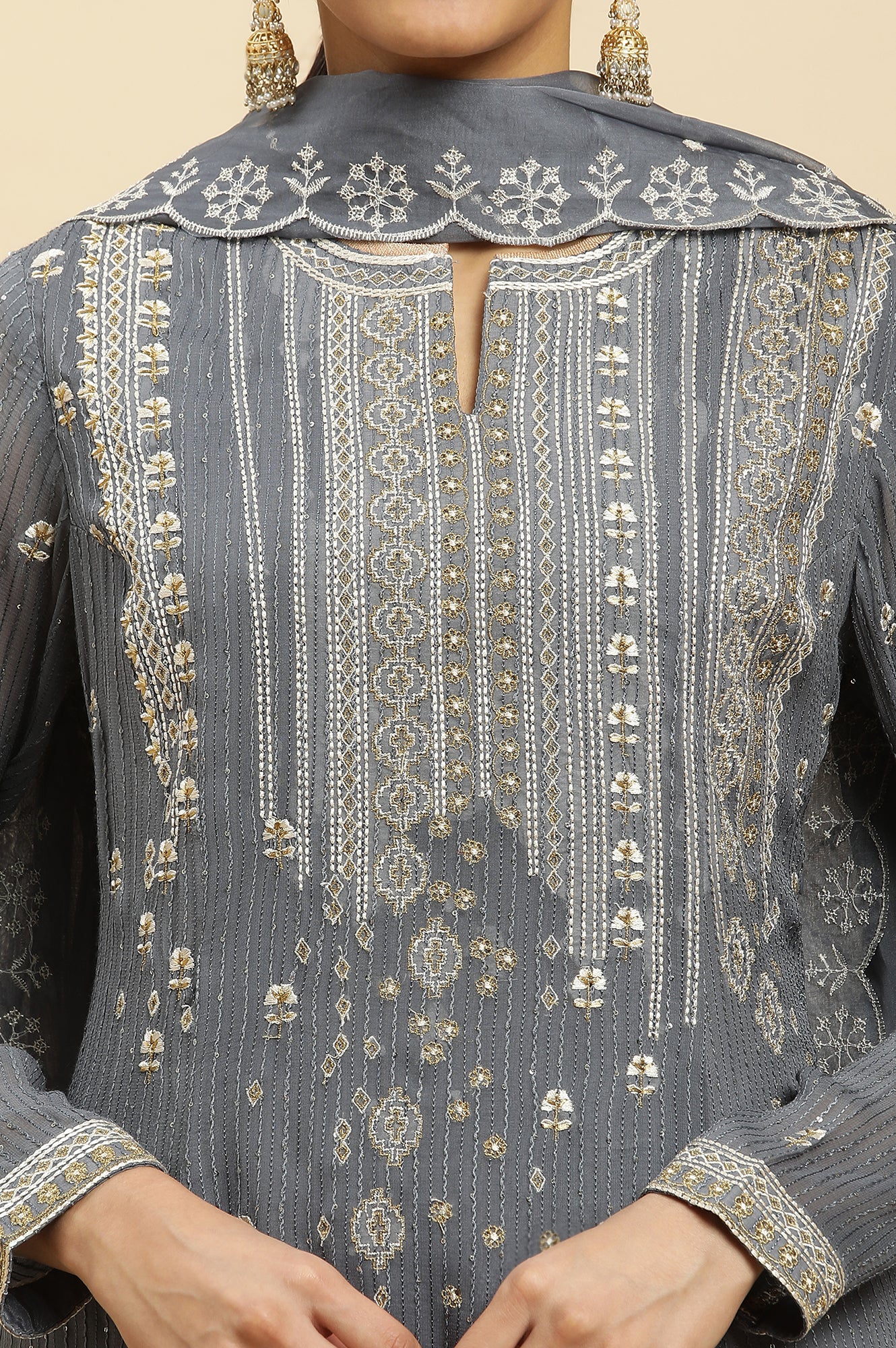 Light Grey Heavy Embroidered Anarkali Kurta, Pants And Dupatta Set