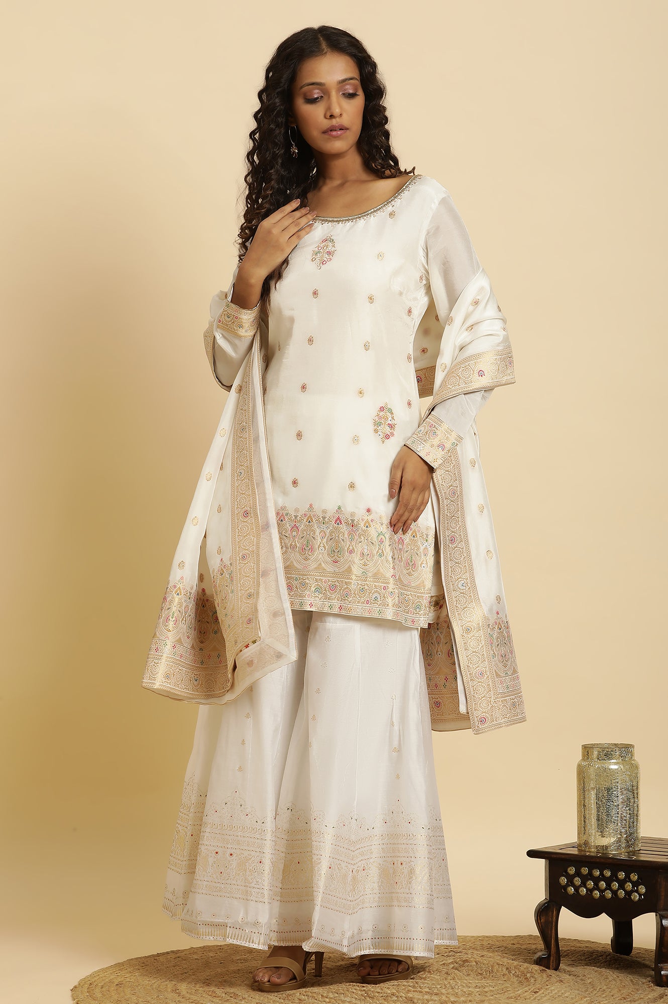 Ecru Festive Jacquard Short Kurta, Sharara And Dupatta Set