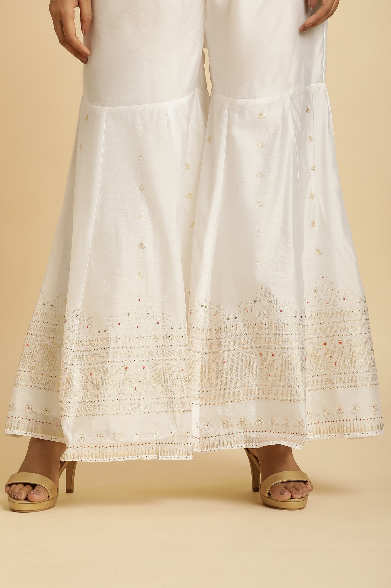 Ecru Festive Jacquard Short Kurta, Sharara And Dupatta Set