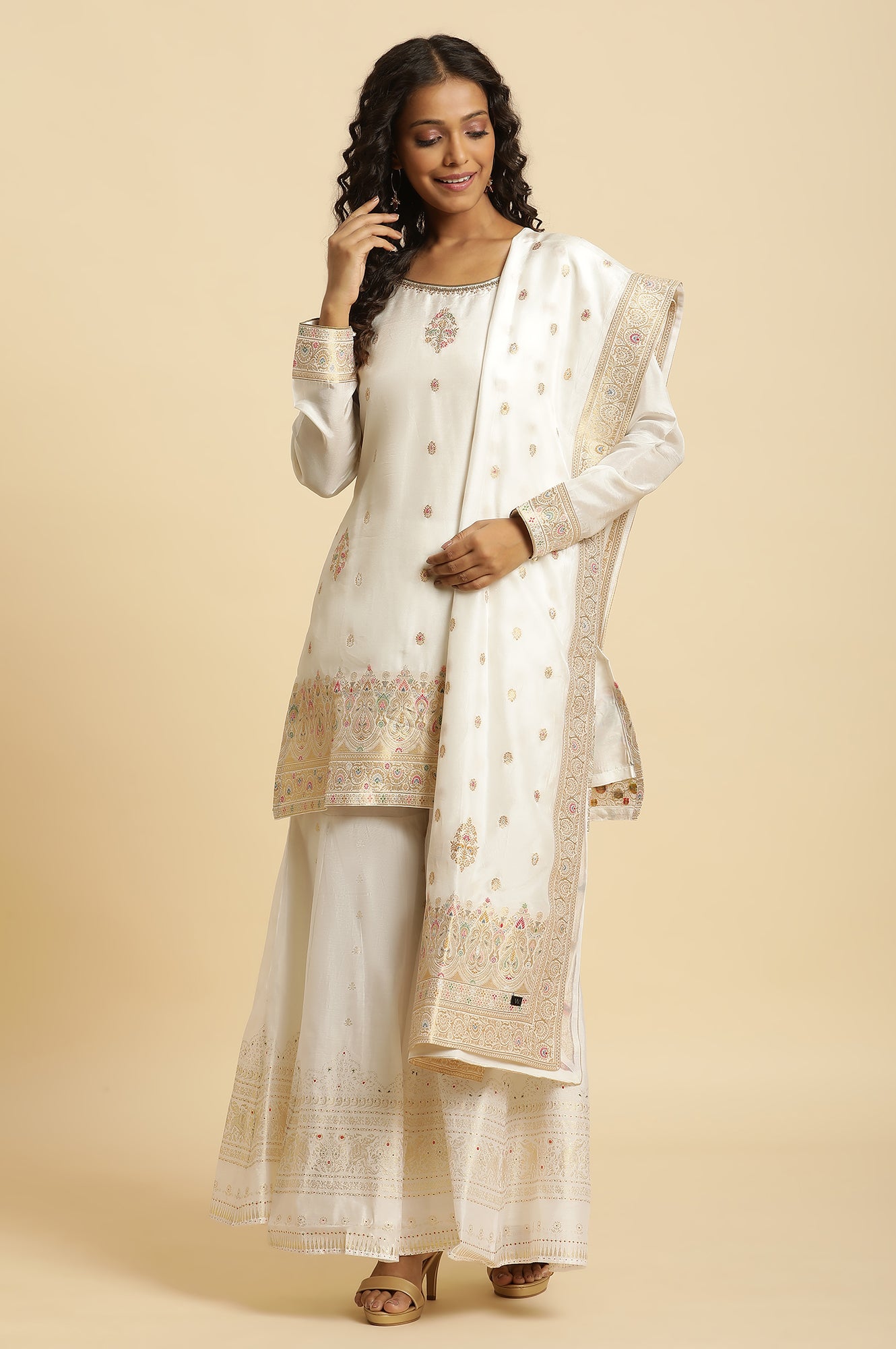 Ecru Festive Jacquard Short Kurta, Sharara And Dupatta Set