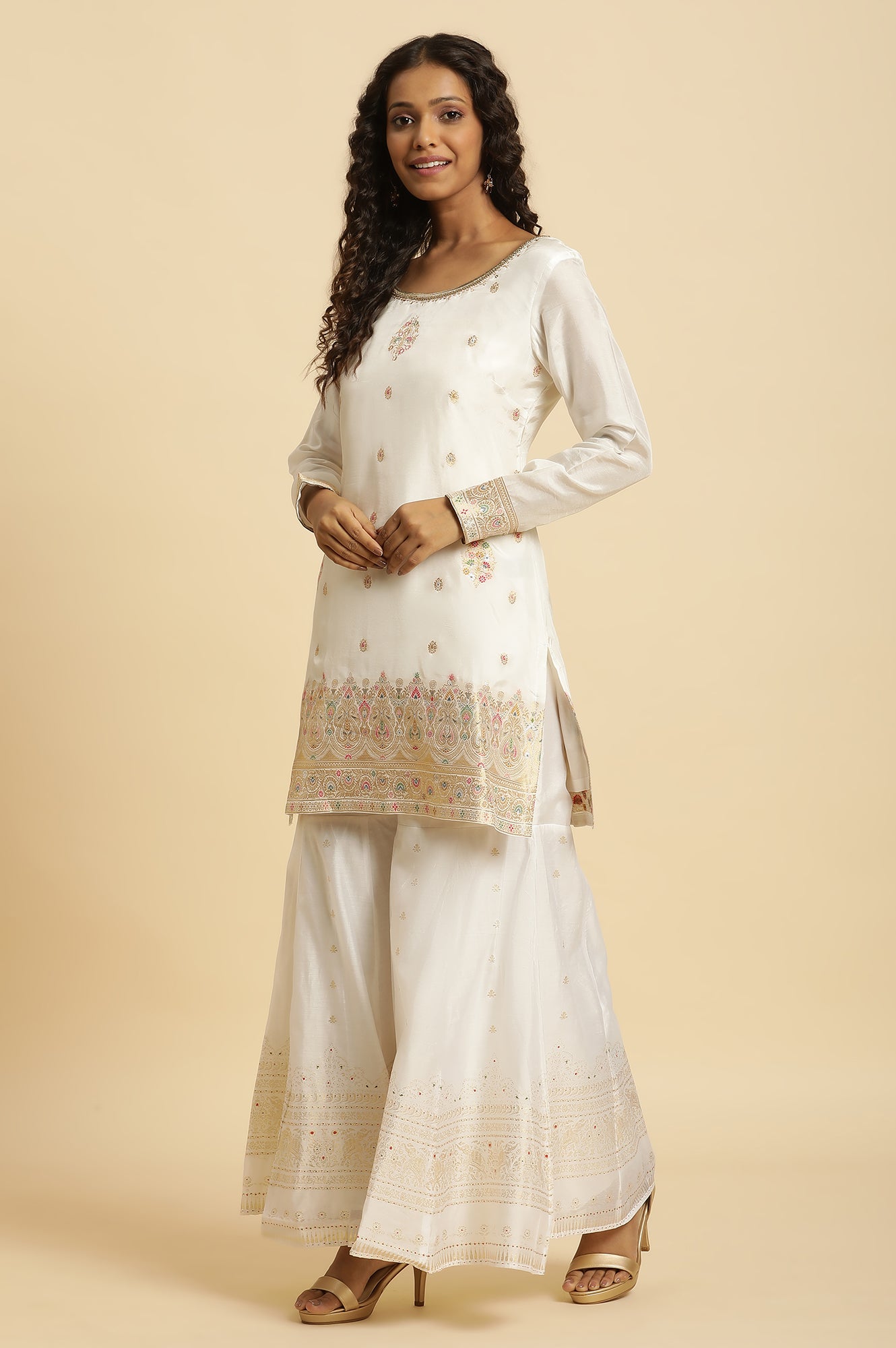 Ecru Festive Jacquard Short Kurta, Sharara And Dupatta Set