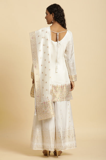 Ecru Festive Jacquard Short Kurta, Sharara And Dupatta Set