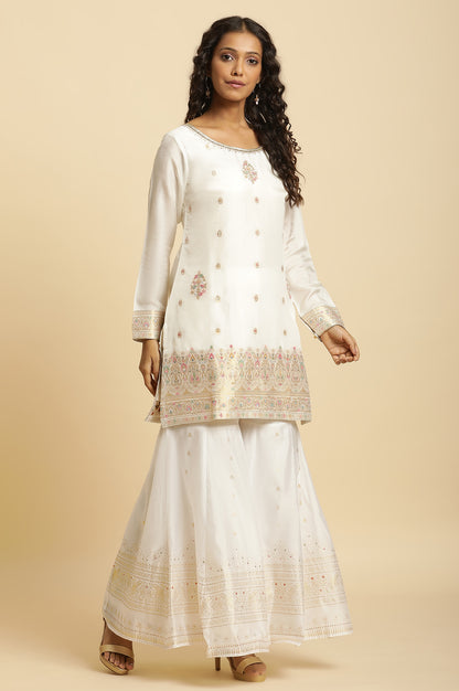 Ecru Festive Jacquard Short Kurta, Sharara And Dupatta Set