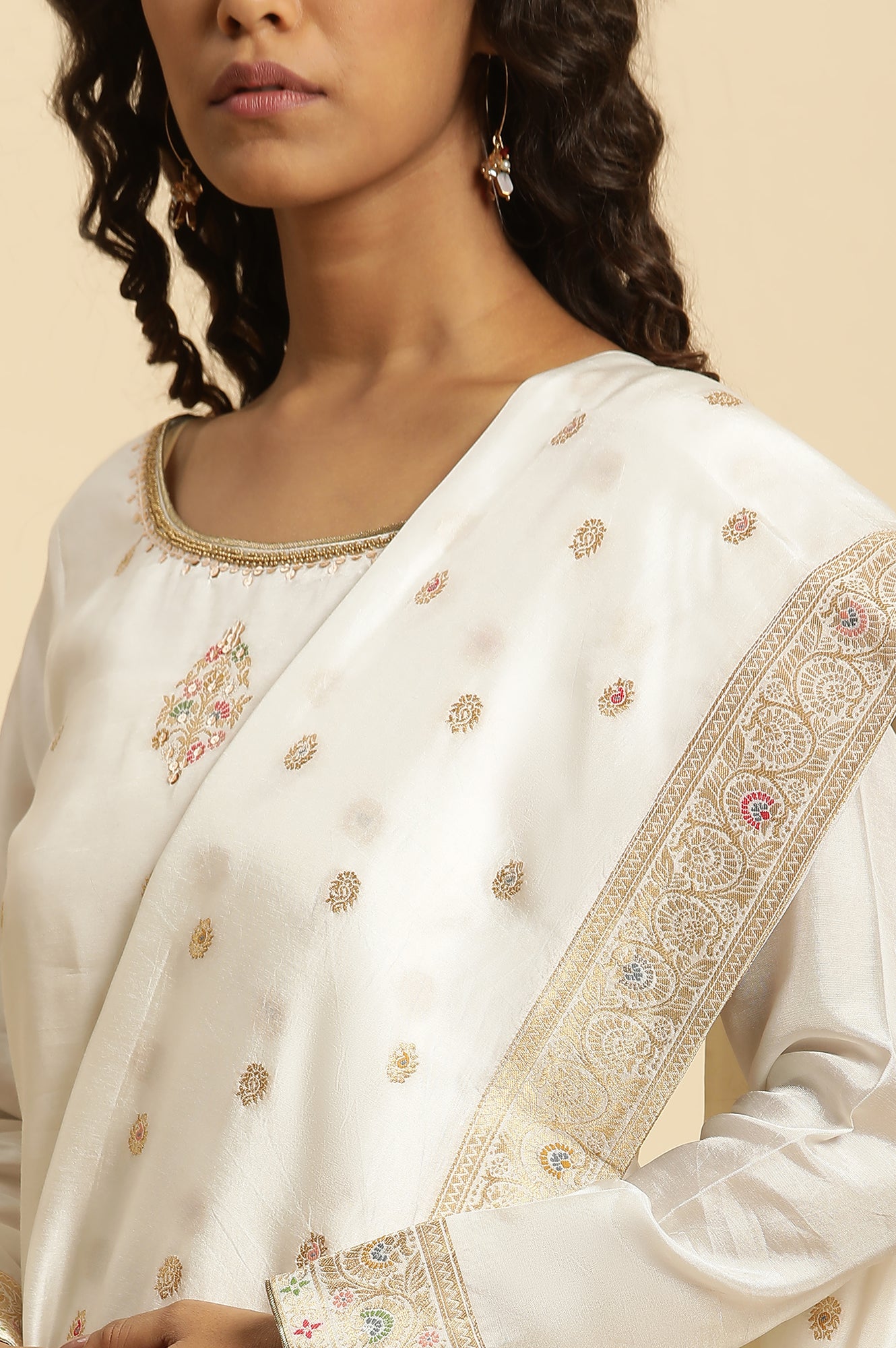 Ecru Festive Jacquard Short Kurta, Sharara And Dupatta Set