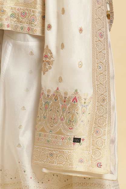 Ecru Festive Jacquard Short Kurta, Sharara And Dupatta Set