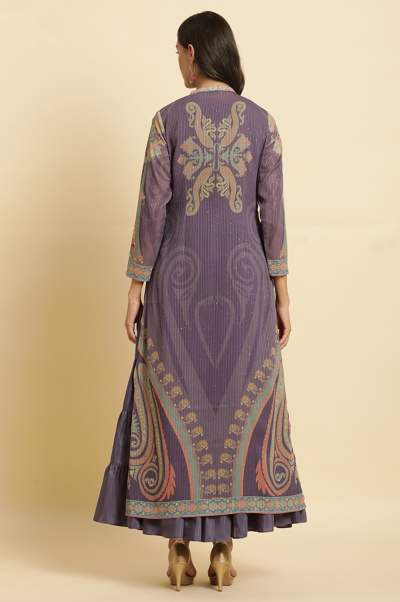 Purple Embellished Georgette Gilet And Tiered Dress