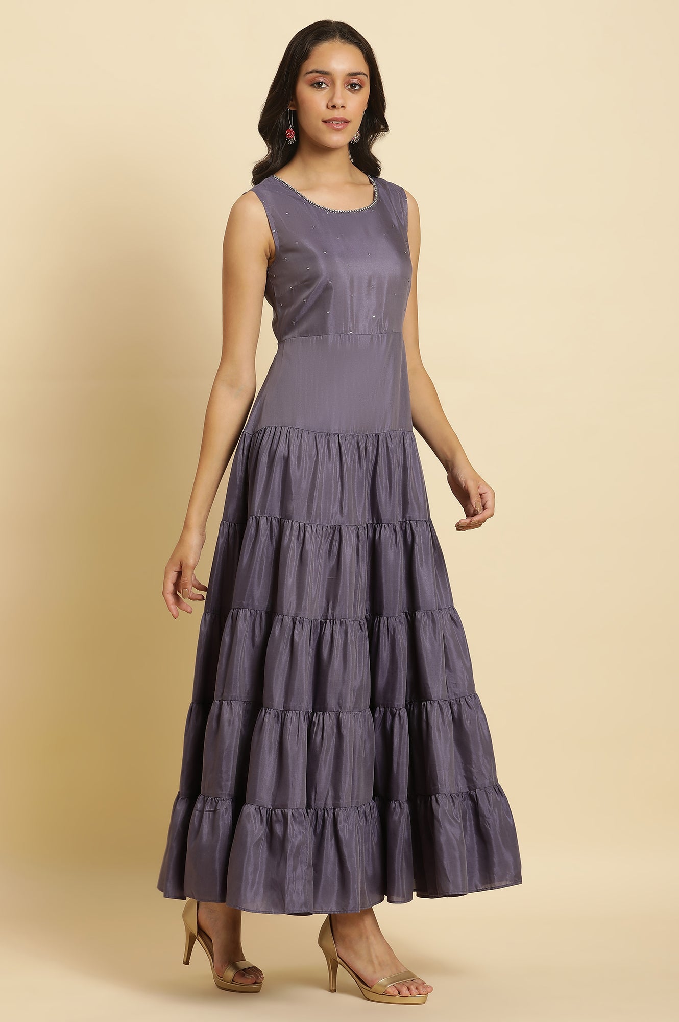 Purple Embellished Georgette Gilet And Tiered Dress Purple Embellished Georgette Gilet And Tiered Dress