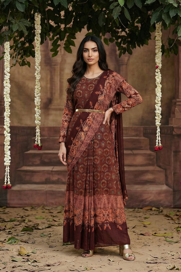 Dark Red Festive Predrape Saree