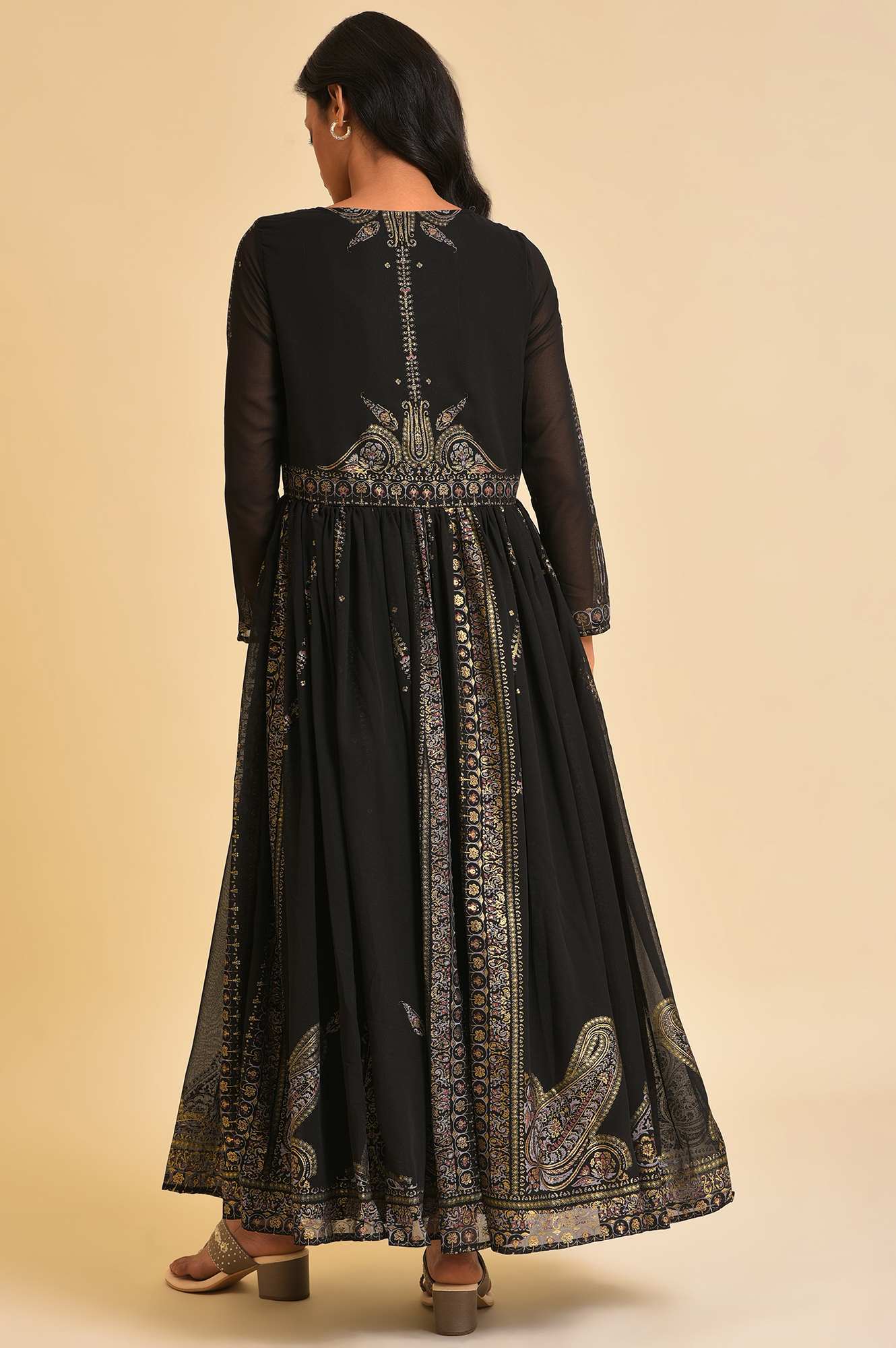 Black Foil Printed Victorian Dress