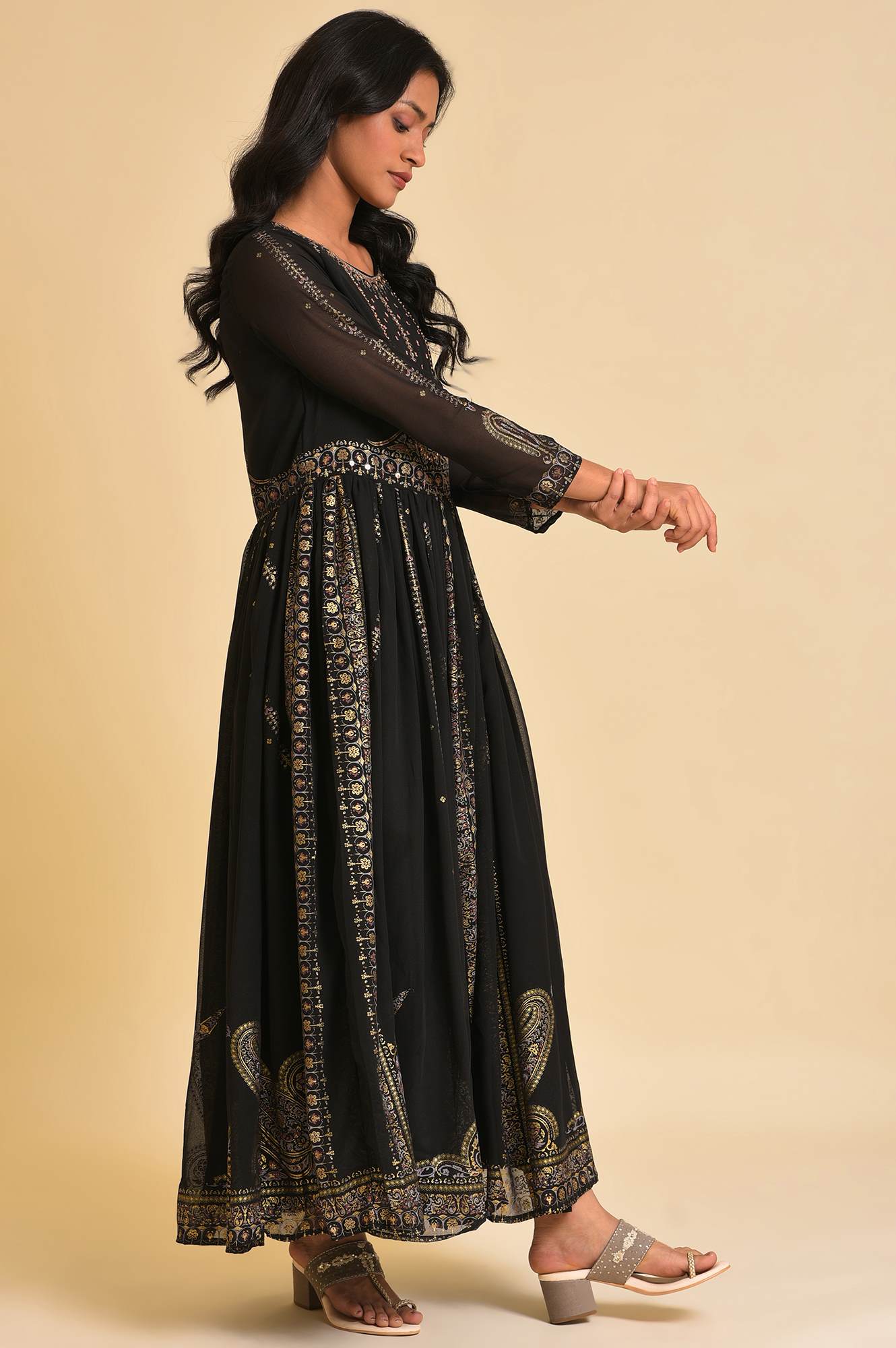 Black Foil Printed Victorian Dress