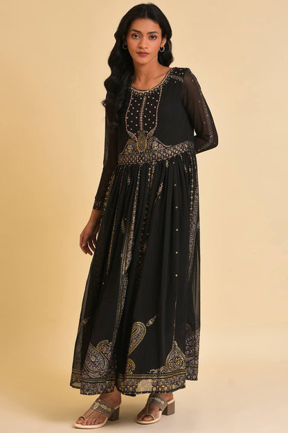 Black Foil Printed Victorian Dress