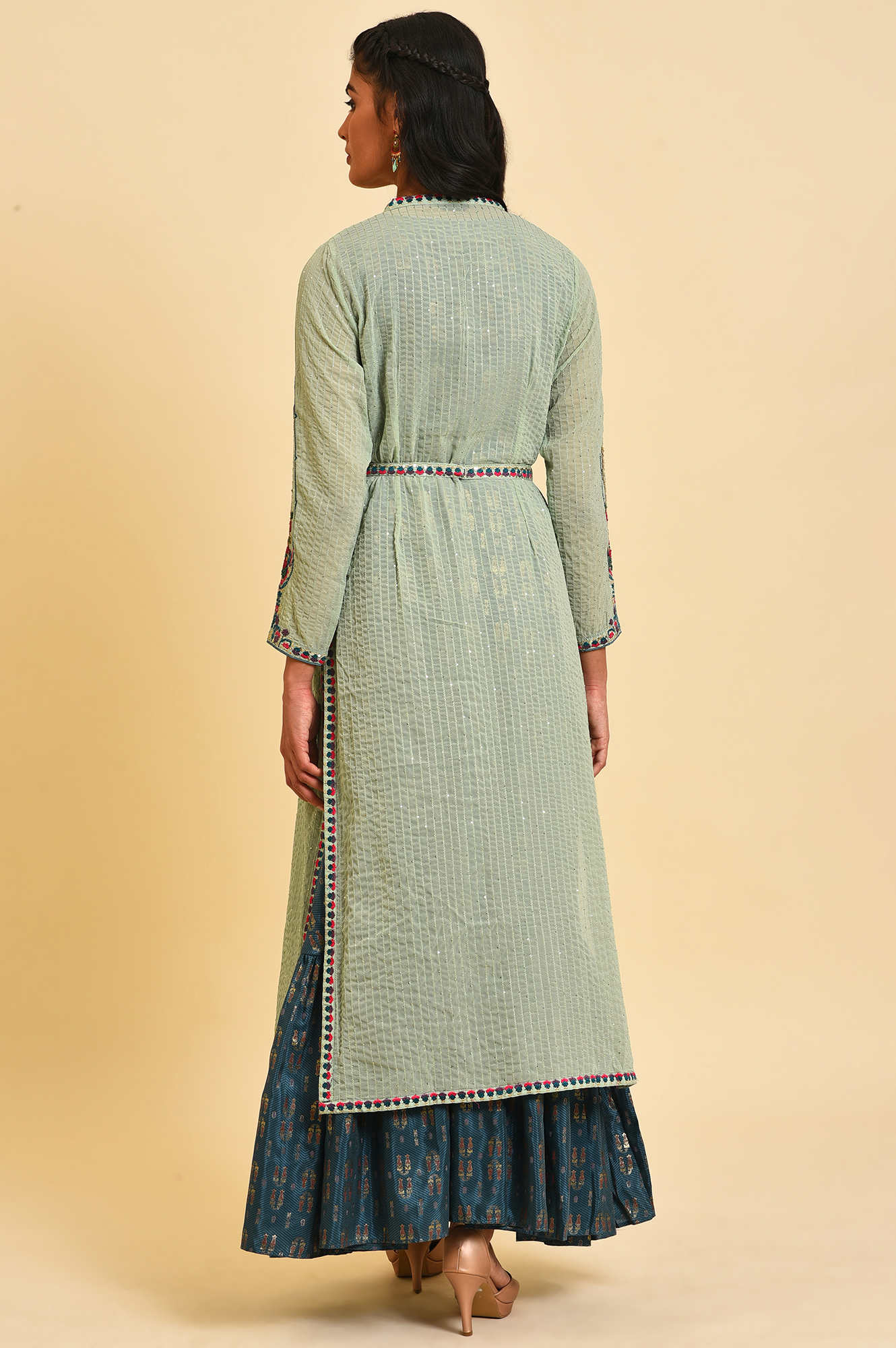 Green Embroidered Gillet &amp; Tiered Dress Set