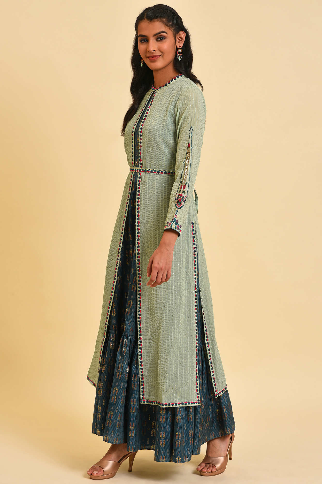 Green Embroidered Gillet &amp; Tiered Dress Set