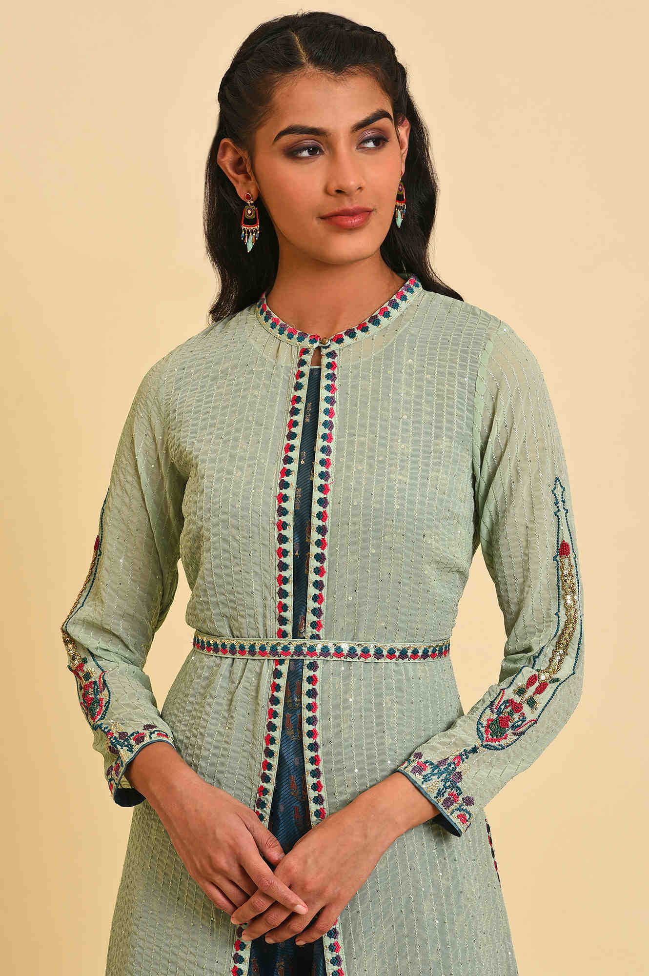 Green Embroidered Gillet &amp; Tiered Dress Set