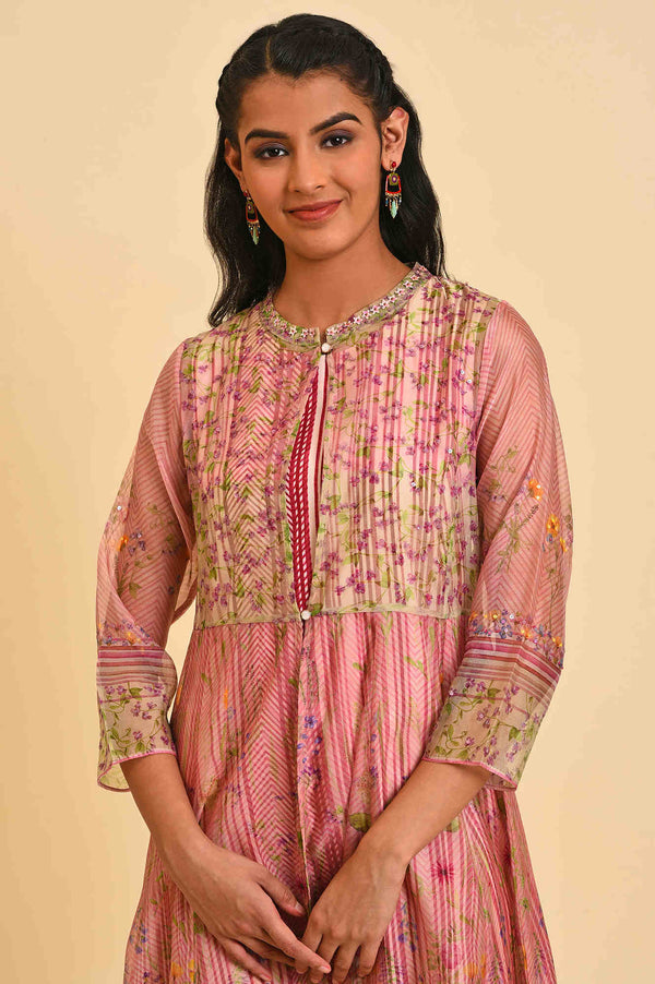 Pink Floral Gillet & Striped Dress Set