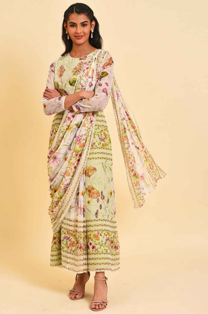 Ecru &amp; Light Green Floral Printed Predrape Saree Dress