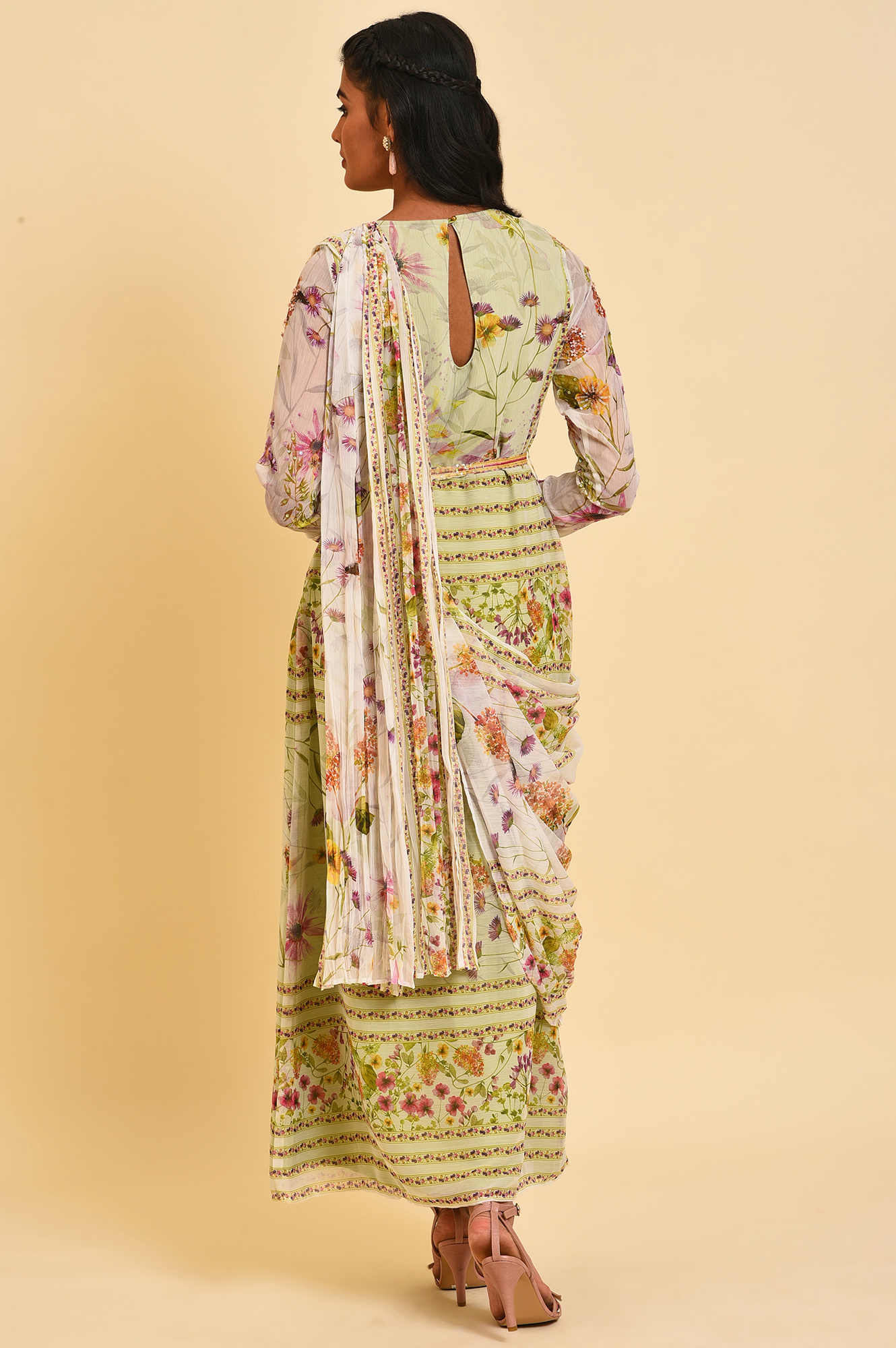 Ecru &amp; Light Green Floral Printed Predrape Saree Dress