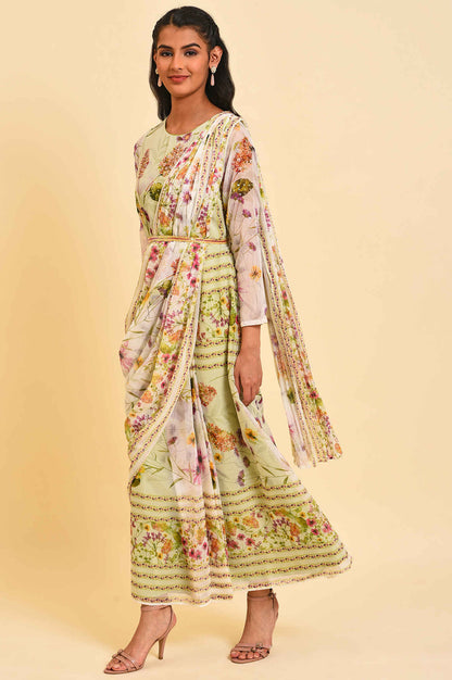 Ecru &amp; Light Green Floral Printed Predrape Saree Dress