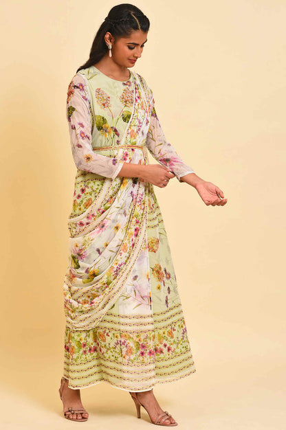 Ecru &amp; Light Green Floral Printed Predrape Saree Dress