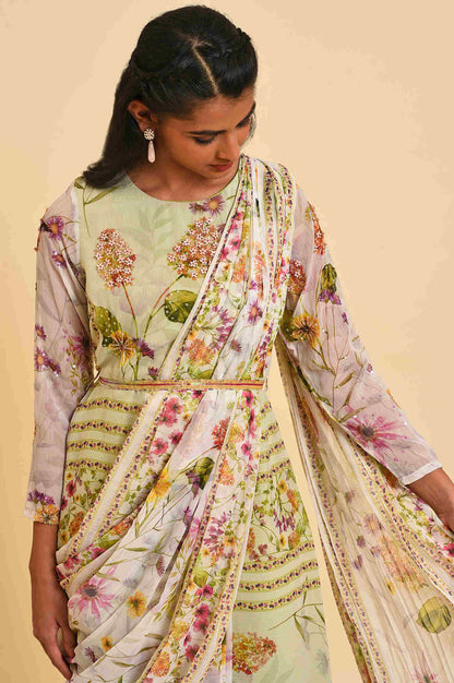 Ecru &amp; Light Green Floral Printed Predrape Saree Dress