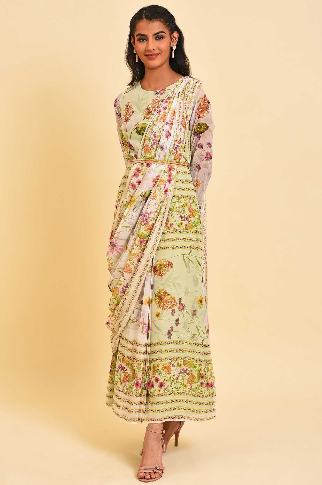 Ecru &amp; Light Green Floral Printed Predrape Saree Dress