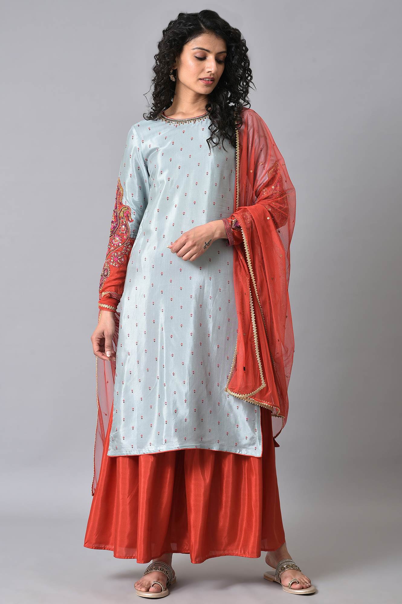 Blue &amp; Orange Embroidered kurta Sharara Set