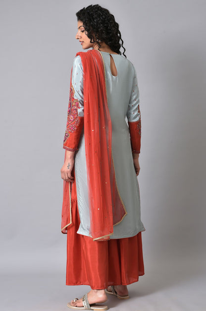 Blue &amp; Orange Embroidered kurta Sharara Set