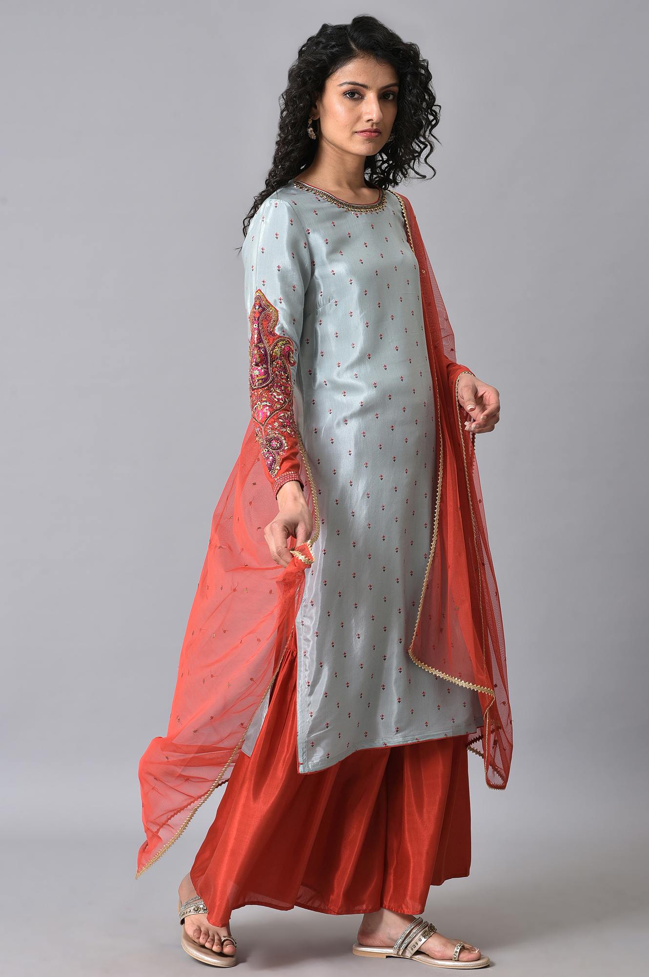 Blue &amp; Orange Embroidered kurta Sharara Set