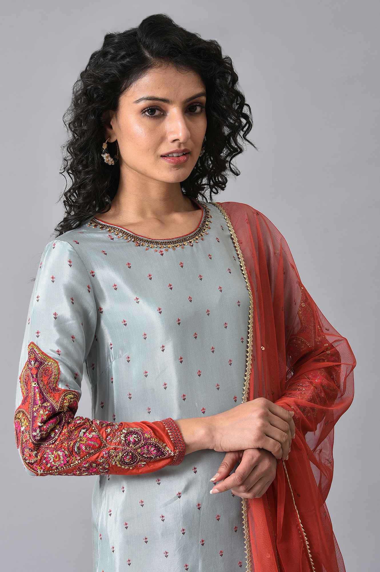 Blue &amp; Orange Embroidered kurta Sharara Set