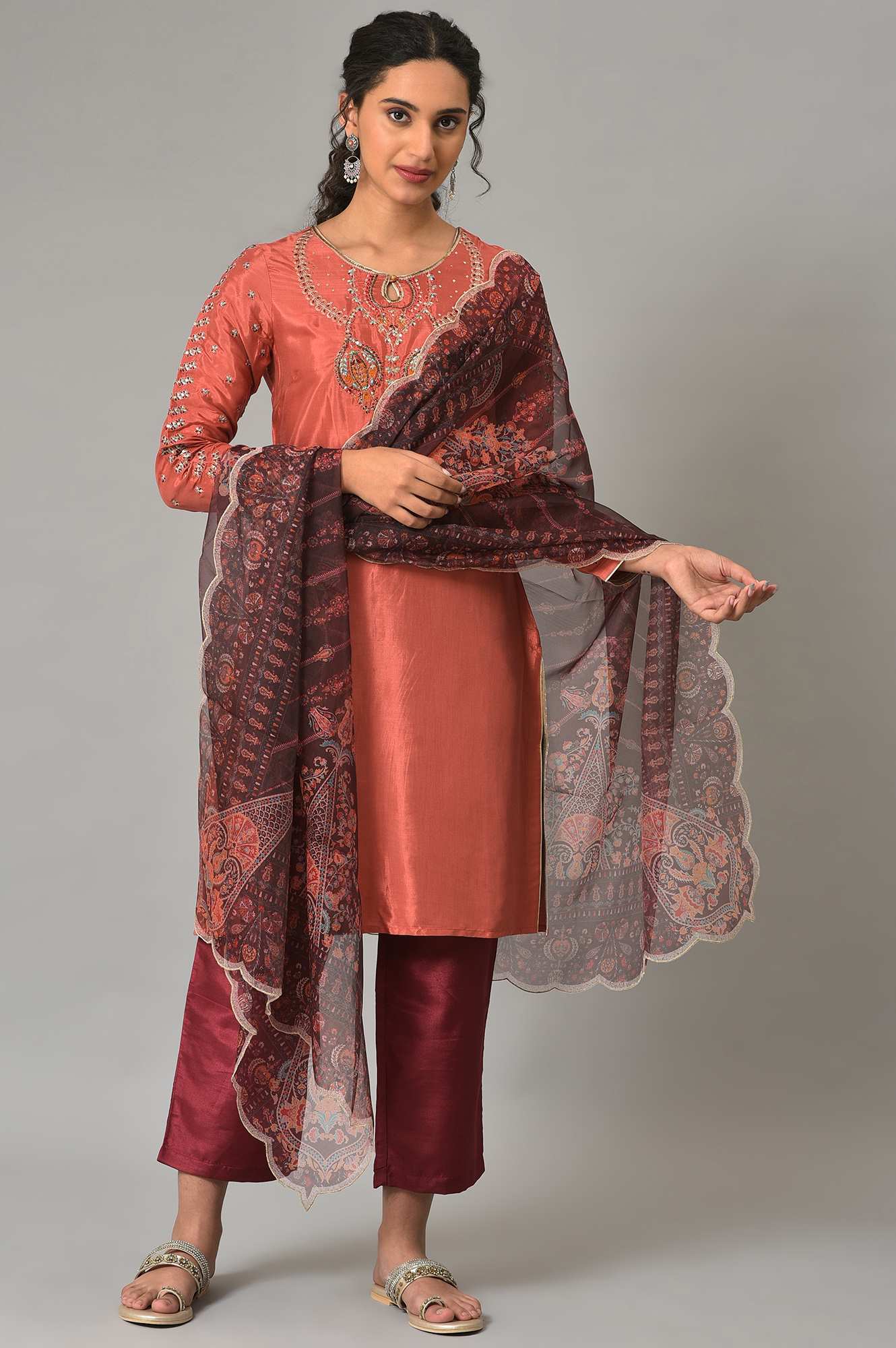 Coral Embroidered kurta With Dark Red Pants And Printed Dupatta