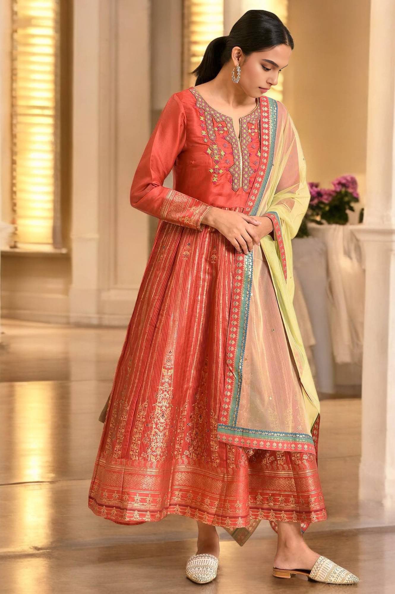 Orange Tamil Silk Embellished Dress &amp; Dupatta Set